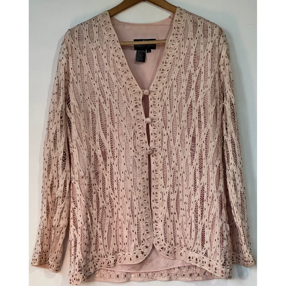 Carole Little Beaded Open Formal Cardigan Women 12 Pink Old Money
